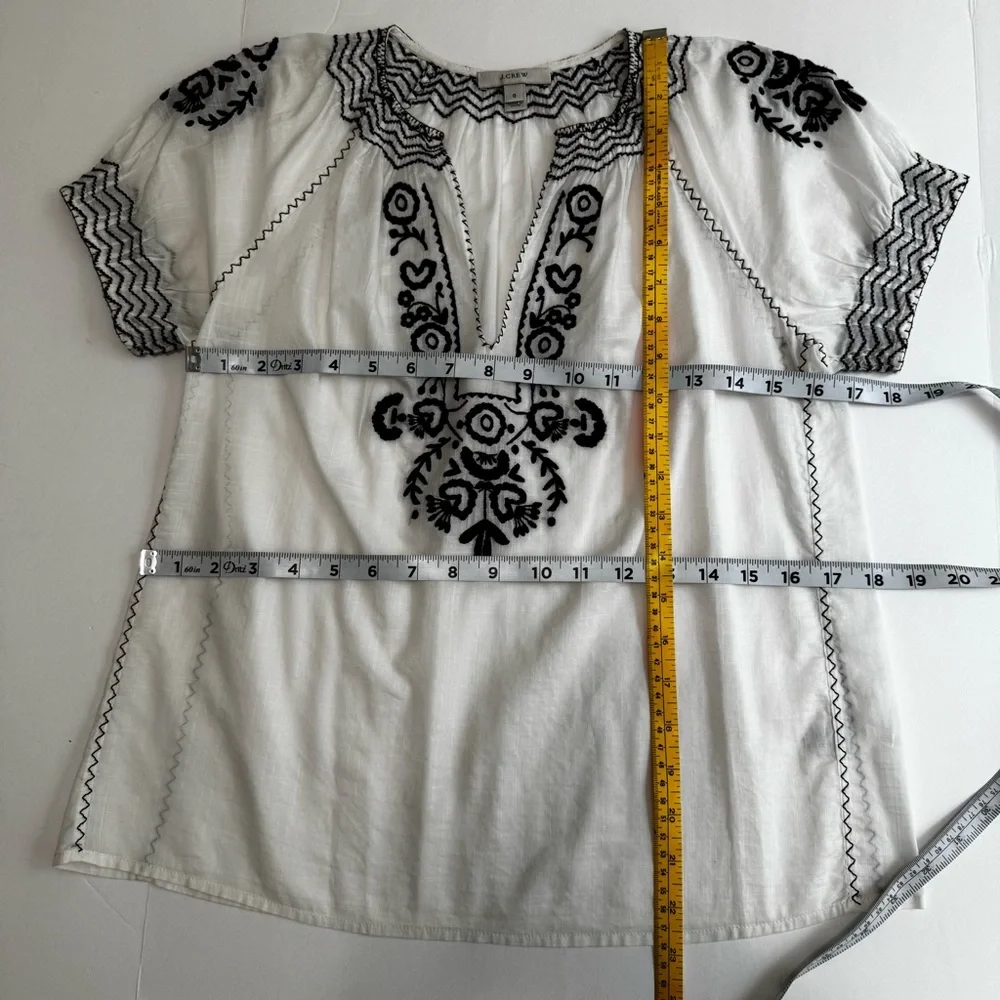 J.Crew White Cotton Gauze Black Embroidered V-Neck Puff Sleeve Top 0